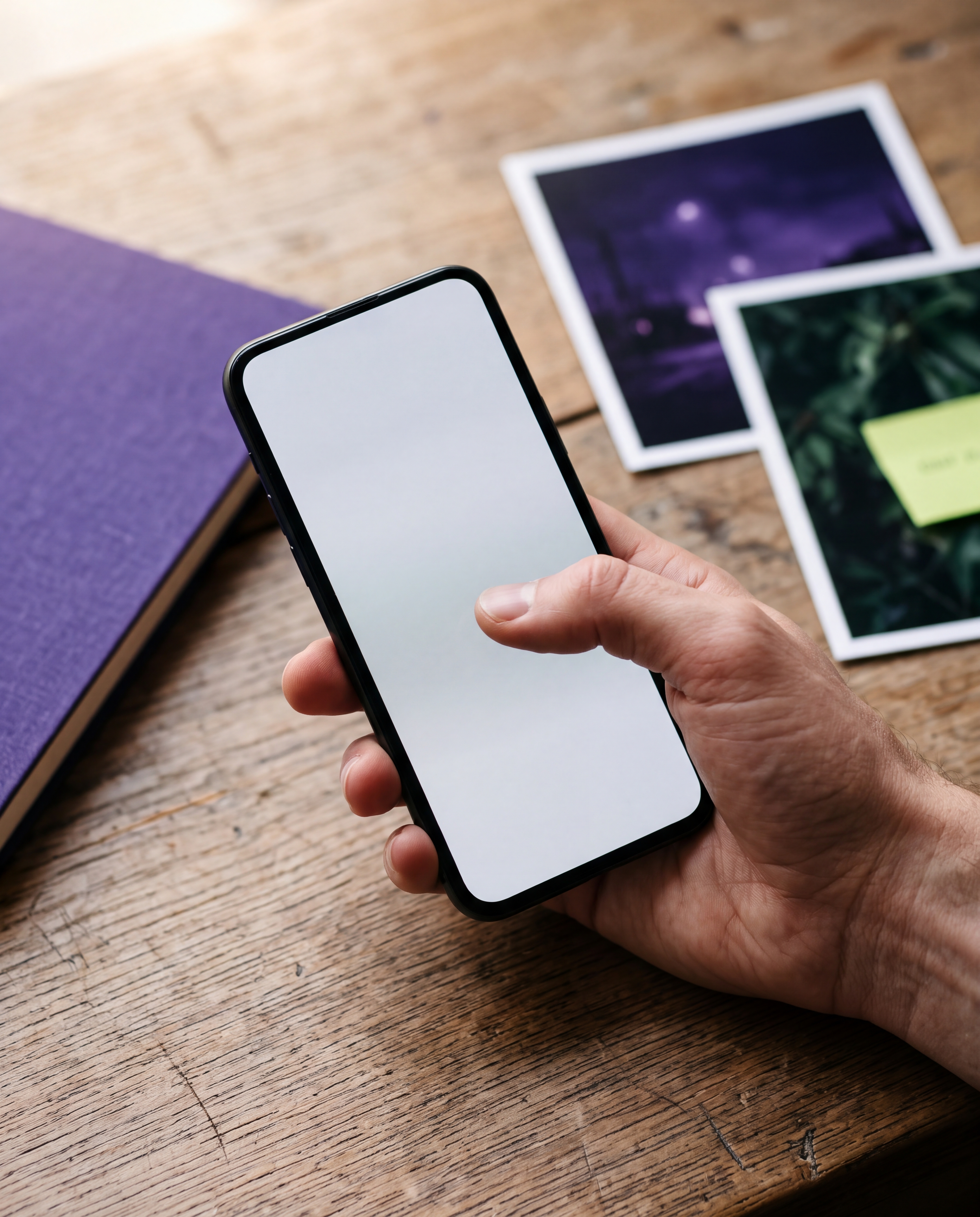 A hand holding a phone with a blank screen over a warm table of printed photographs.
