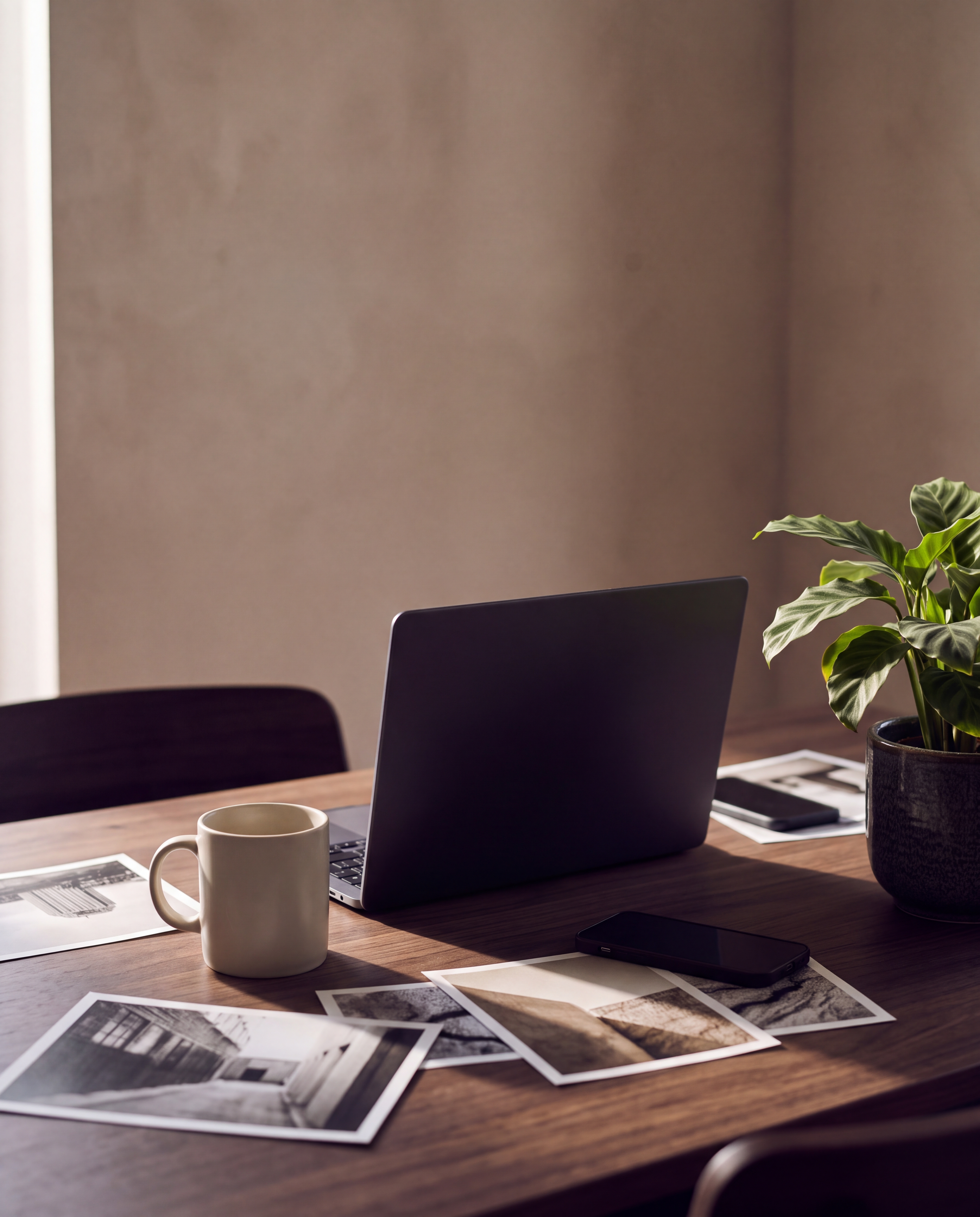 A calm studio desk with a laptop, phone, printed photographs, and soft green accent light.