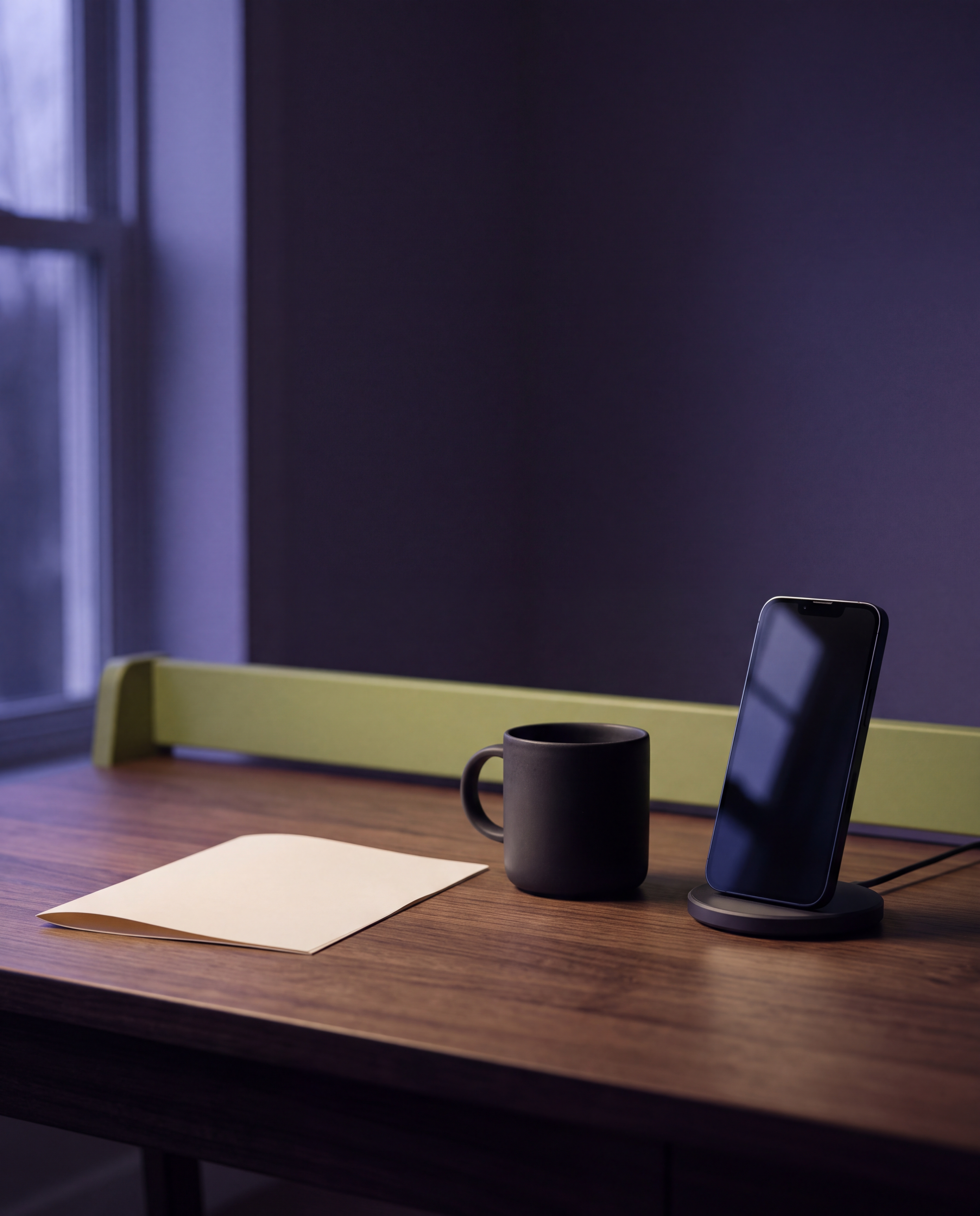 A dim desk with a blank phone stand, folded print, ceramic cup, green edge light, and violet window light.